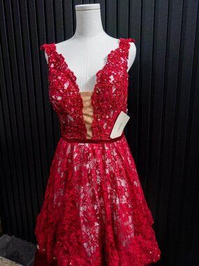 Stunning Red Lace Beaded Deep V Formal Gown Prom Dress M